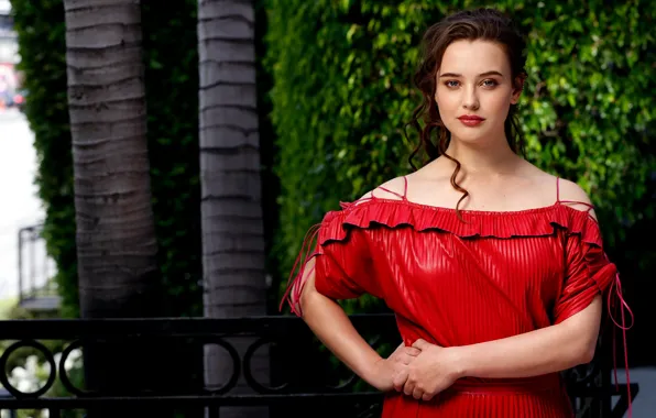 Picture pose, makeup, dress, actress, hairstyle, brown hair, in red, LA Times, Katherine Langford, Catherine Langford, …