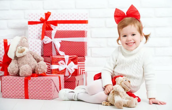 Picture joy, holiday, new year, girl, gifts, bow, box