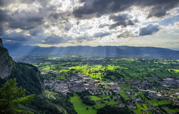 Picture clouds, rays, mountains, home, Austria, valley, Dornbirn
