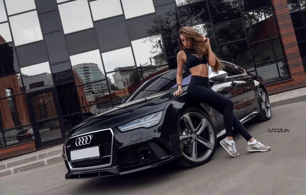 Picture machine, girl, pose, reflection, the building, figure, hairstyle, car, sneakers, photographer, in black, glass, sexy, …