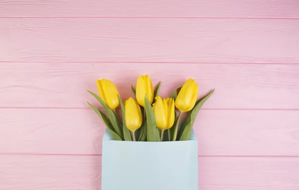 Picture flowers, bouquet, yellow, tulips, fresh, yellow, wood, pink, flowers, tulips, spring, tender