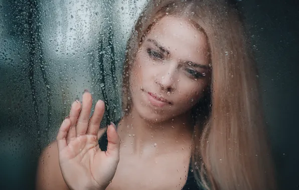 Picture glass, girl, drops, mood, hand, window