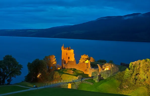 Picture mountains, night, lights, lake, Scotland, Loch Ness, Urquhart castle