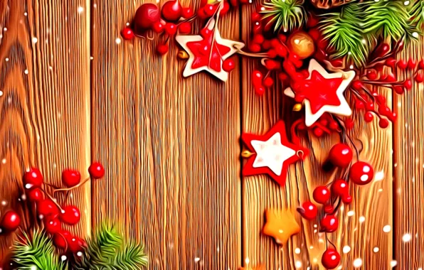 Picture decoration, berries, rendering, fantasy, New Year, stars, picture, spruce branches, wooden boards