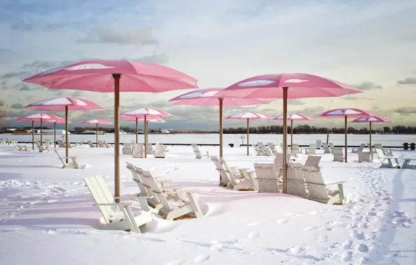 Picture winter, beach, snow, chair, umbrella, chaise