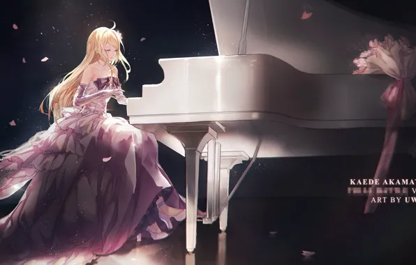 Picture girl, anime, Blonde, dress, piano, Danganronpa