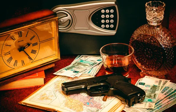 Picture gun, table, watch, books, bottle, money, cartridge, stack, Atlas, bills, rubles, alcohol