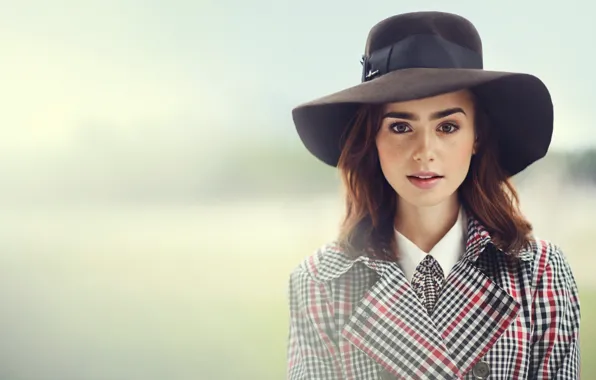 Picture background, portrait, hat, makeup, hairstyle, costume, brown hair, beauty, bokeh, Lily Collins, Lily Collins, 2013, …
