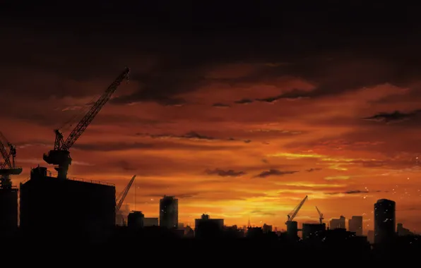 Picture the sky, sunset, the city, tower cranes