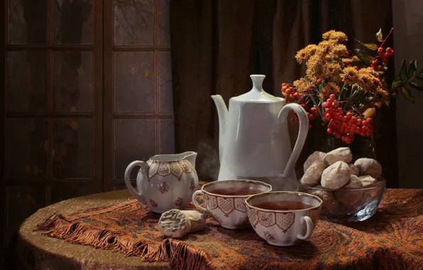Picture flowers, table, tea, kettle, window, Cup, vase, still life, curtains, Rowan, tablecloth, gingerbread