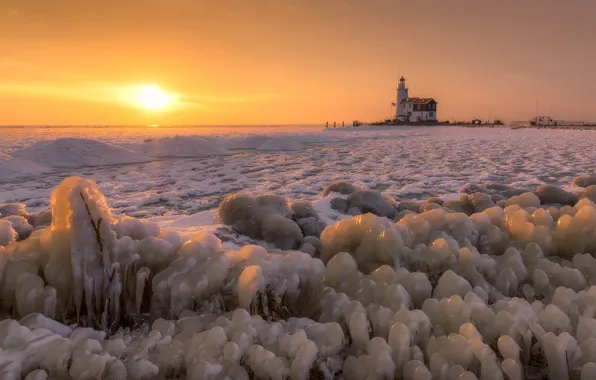 Picture sea, sunset, shore, lighthouse, ice
