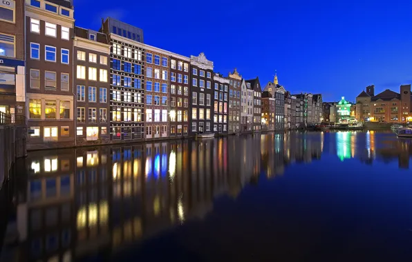 Picture water, lights, reflection, home, Amsterdam, Netherlands