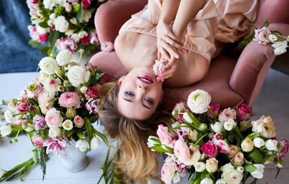 Picture look, flowers, pose, roses, chair, makeup, dress, hairstyle, brown hair, beauty