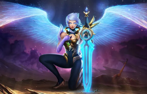 Picture girl, wings, angel, sword, League of Legends