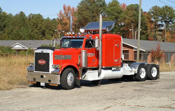 Picture red, white, peterbilt, hrome, trac