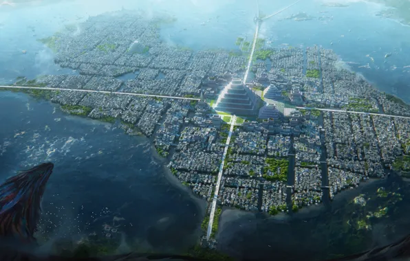 Picture the city, island, pyramid, Dragons conquer America, Tenochtitlan city
