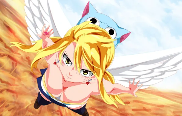 Picture game, big, nothing, anime, cat, wings, speed, Lucy, blonde, manga, Happy, japanese, Fairy Tail, oppai, …