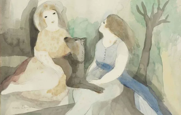 Picture watercolor, pencil, Modern, Marie Laurencin, Two women with a dog