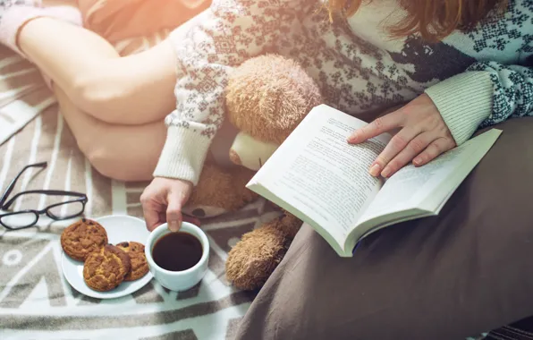 Picture girl, coffee, cookies, Girl, Cup, bed, book, book, bed, coffee, reading, socks, warm, drinking