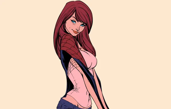 Picture look, girl, jeans, Mike, costume, red hair, blue eyes, looks, drawing, character, mary jane watson