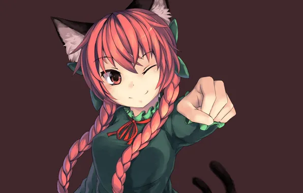 Picture face, smile, hands, braids, grey background, gesture, ears, art, wink, red hair, two tails, Touhou …