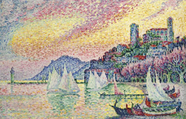 Picture sea, landscape, boat, picture, sail, Paul Signac, pointillism, The harbour. Cannes