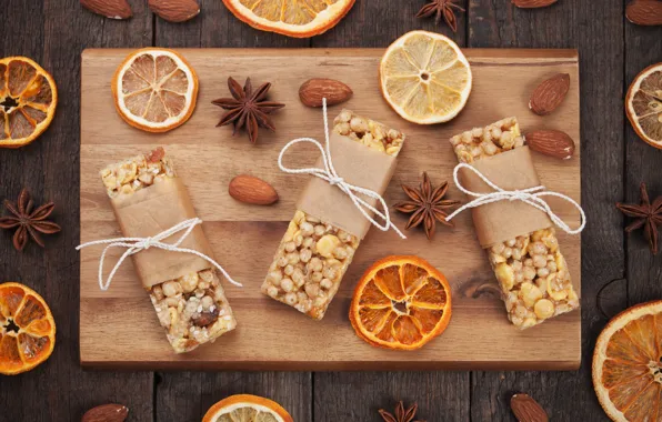 Picture orange, cookies, nuts, spices, Anis, cutting Board