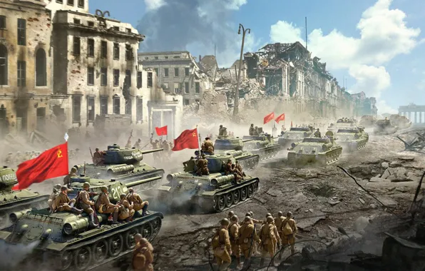 Picture the city, army, USSR, soldiers, flags, tanks, world of tanks, ussr