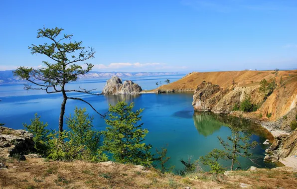 Picture the sky, the sun, trees, lake, stones, rocks, shore, Baikal, Russia, Olkhon, Cape Burhan, Baikal, …