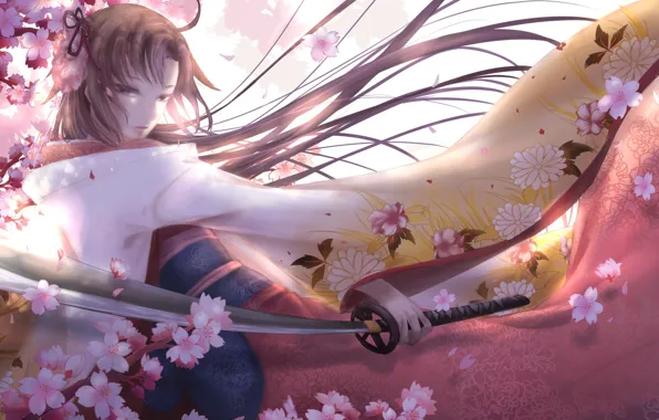 Picture girl, flowers, sword, anime, art, kara no kyoukai, ryougi shiki, fate/grand order