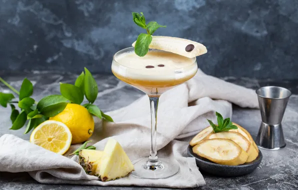 Picture lemon, cocktail, banana, mint