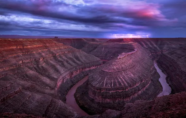 Picture the sky, clouds, river, lightning, canyon