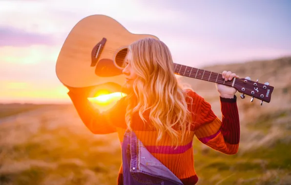 Picture sunset, guitar, blonde
