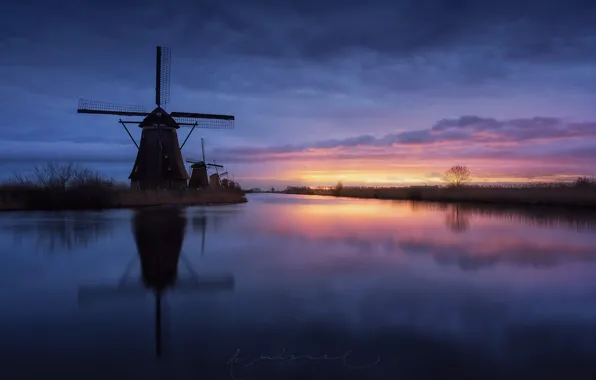Picture the sky, water, clouds, the evening, channel, Netherlands, windmills