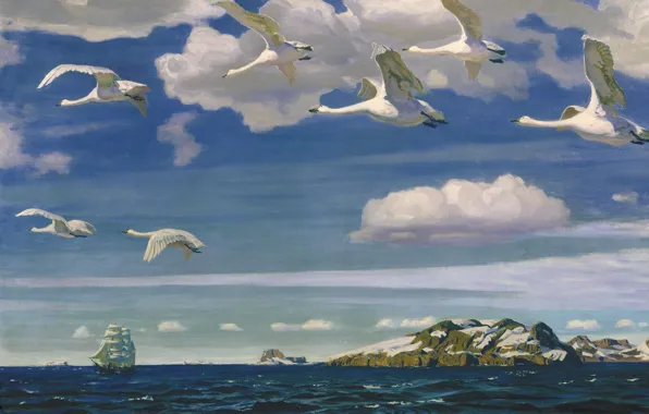 Picture sea, landscape, birds, rocks, ship, oil, sail, canvas, Arkady Rylov, In The Blue Space
