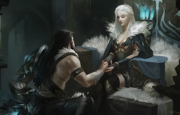 Picture warrior, fantasy, art, Queen, Offer - Ashe and Tryndamere, Marie Magny