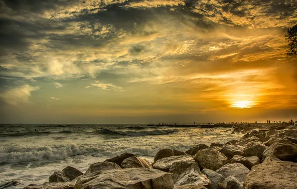 Picture the sky, clouds, sunset, nature, stones, the ocean