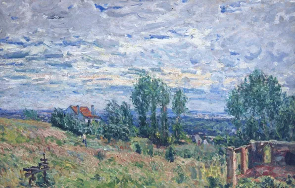 Picture trees, landscape, house, picture, Alfred Sisley, Alfred Sisley, The Brickfield