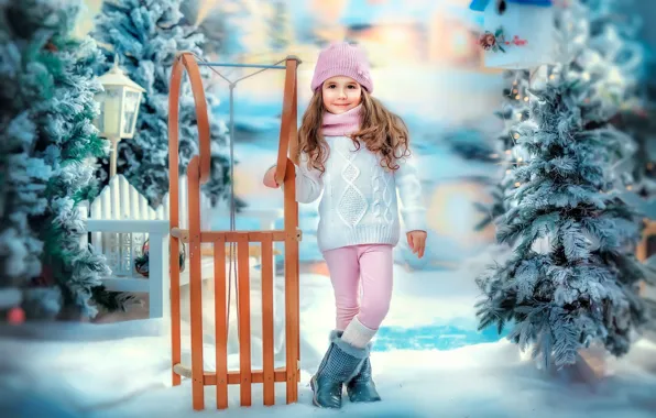 Picture winter, snow, holiday, the fence, new year, girl, lantern, sled, tree