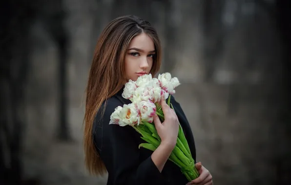 Picture look, girl, model, portrait, bouquet, tulips, brown hair, Alexandra, Hakan Erenler