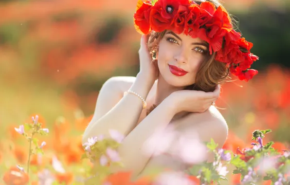 Picture field, summer, look, girl, flowers, hands, makeup, hairstyle, wreath, photoshoot, red poppies