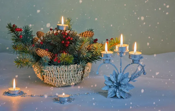 Picture snowflakes, branches, fire, holiday, basket, candles, Christmas, New year, bumps, coniferous