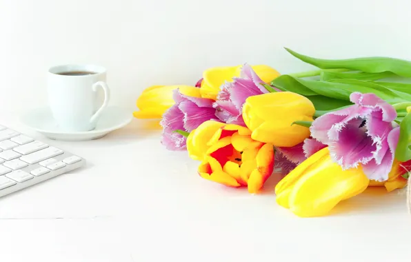 Picture flowers, coffee, spring, colorful, tulips, fresh, wood, flowers, beautiful, tulips, coffee cup, spring, bright