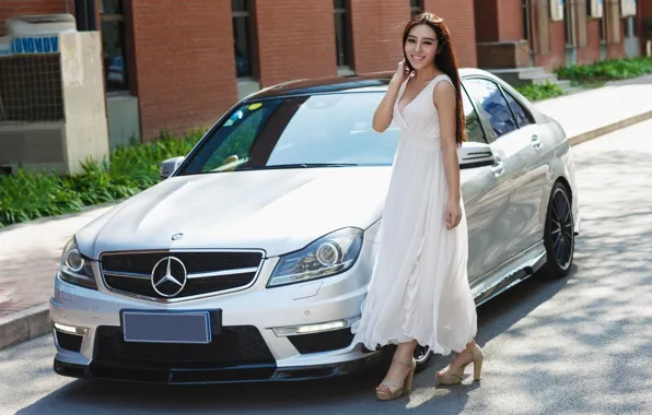 Picture look, Girls, Mercedes, Asian, beautiful girl, white car