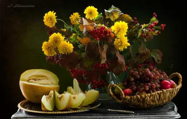 Picture autumn, flowers, apples, grapes, still life, melon, Kalina