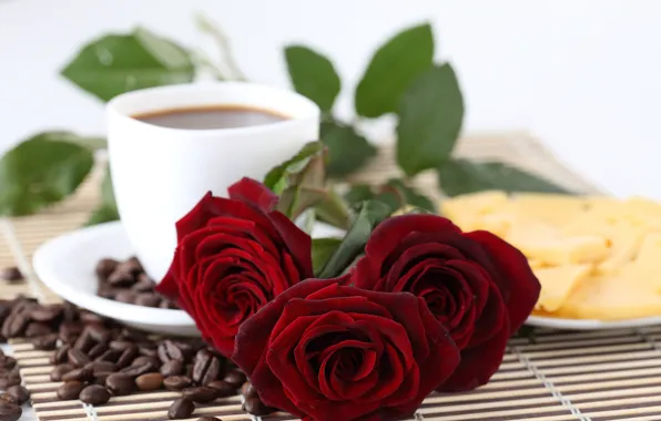 Picture coffee, roses, grain, cheese, plate, Cup, red, saucer