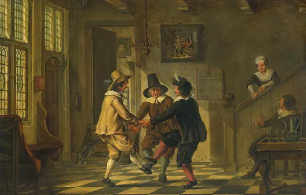 Picture tree, oil, interior, picture, genre, Three Men in Suits Dancing in the House