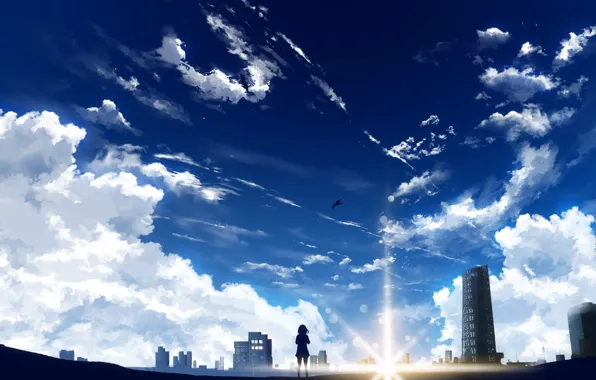 Picture the sky, girl, the sun, birds, the city, Miyamizu Mitsuha, Y_Y, Your Name.