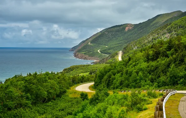 Picture road, sea, the sky, trees, mountains, clouds, rocks, coast, horizon, Canada, Cape Breton Highlands National …