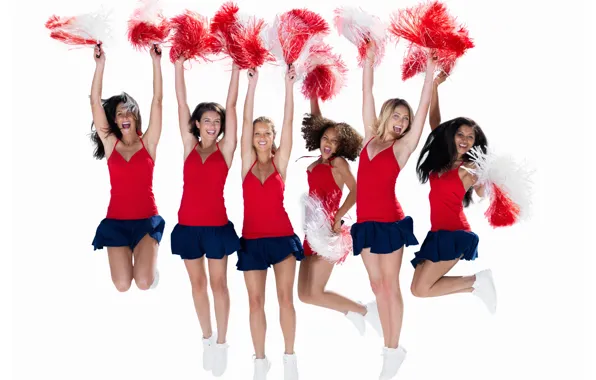 Picture joy, emotions, girls, mood, group, red, white background, uniform, delight, cheerleaders, Mikey, skirts, cheerleaders